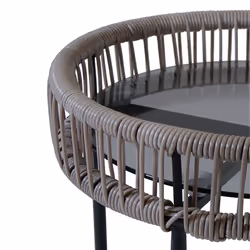 CHARLES BENTLEY Zanzibar Coffee Table, Grey Rattan Side Table, Grey Wicker, Glass Tabletop, Indoor, Outdoor, Garden, Drinks Stand, Black Steel Frame,