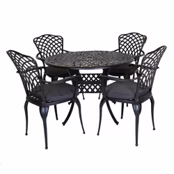 Charles Bentley Cast Aluminium Dining Round Table and 4 Chairs Set in Black Outdoor Table with Dark Grey Cushions