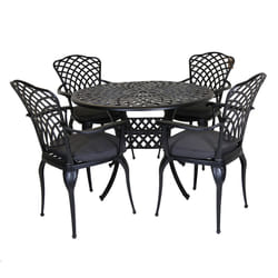 Charles Bentley Cast Aluminium Dining Round Table and 4 Chairs Set in Black Outdoor Table with Dark Grey Cushions