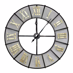 Charles Bentley Wrought Iron Outdoor Garden Metal Clock Antique Brass Roman Numerals - Black & Antique Brass, Weather Resistant Dia 87 X D6CM