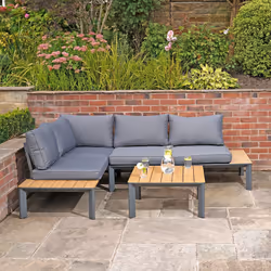 Charles Bentley Polywood Lounge Set with Recliner Seat Multi use Wooden Black Stylish Outdoor 8cm Dark Grey Cushions