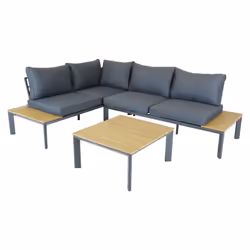 Charles Bentley Polywood Lounge Set with Recliner Seat Multi use Wooden Black Stylish Outdoor 8cm Dark Grey Cushions