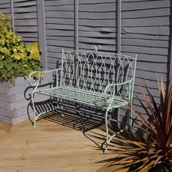 Charles Bentley Decorative Wrought Iron Outdoor Rustic Bench Garden 2 Seater with Elegant Curved Armrest - Sage Green