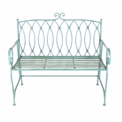 Charles Bentley Decorative Wrought Iron Outdoor Rustic Bench Garden 2 Seater with Elegant Curved Armrest - Sage Green