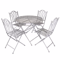 Charles Bentley Rustic 5 Piece Wrought Iron Outdoor Patio Bistro Set Seats 4 People, Foldable and Lightweight - Grey