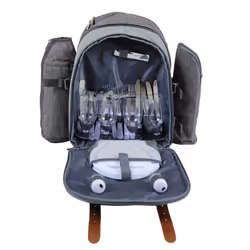 Charles Bentley Grey 4 Person Picnic Bag Backpack Including Cutlery, Plates, Glasses, Blanket, Cool Bag