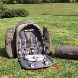 Charles Bentley Grey 4 Person Picnic Bag Backpack Including Cutlery, Plates, Glasses, Blanket, Cool Bag