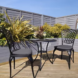 Charles Bentley Cast Aluminium Bistro Round Table And 2 Chairs Set Black Outdoor Table with Dark Grey Cushions
