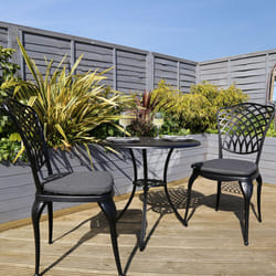 Charles Bentley Cast Aluminium Bistro Round Table And 2 Chairs Set Black Outdoor Table with Dark Grey Cushions