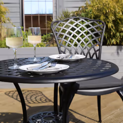Charles Bentley Cast Aluminium Bistro Round Table And 2 Chairs Set Black Outdoor Table with Dark Grey Cushions