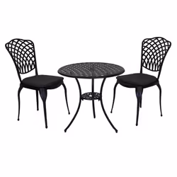 Charles Bentley Cast Aluminium Bistro Round Table And 2 Chairs Set Black Outdoor Table with Dark Grey Cushions