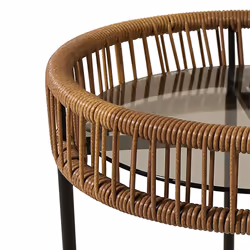 CHARLES BENTLEY Zanzibar Coffee Table, Natural Rattan Side Table, Brown Wicker, Glass Tabletop, Indoor, Outdoor, Garden, Drinks Stand, Black Steel
