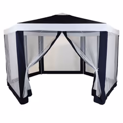 Charles Bentley Hexagonal Gazebo with Mesh Sides Blue/Beige Showerproof PE Zipper Heavy Duty