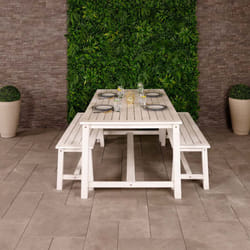 CHARLES BENTLEY FSC Acacia White Washed Wooden Bench Dining Set, 4-6 Seater, Large Table, Two Benches, Outdoor, Garden, Furniture, Modern Design,
