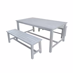 CHARLES BENTLEY FSC Acacia White Washed Wooden Bench Dining Set, 4-6 Seater, Large Table, Two Benches, Outdoor, Garden, Furniture, Modern Design,