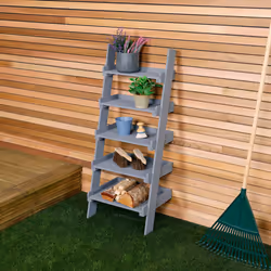 Charles Bentley FSC Slim Wooden Ladder Planter - Grey Tall 5 Shelves Wood Modern Planting Vertical Garden Herbs Flowers