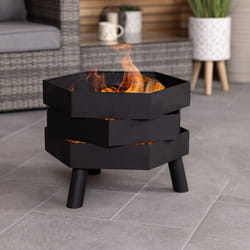 CHARLES BENTLEY Hexagonal 46cm Black Powder Coated Steel Modern Firepit, Wood And Charcoal Burner, Rust Resistant, Heat Resistant, Poker Included,