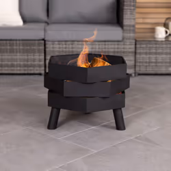 CHARLES BENTLEY Hexagonal 46cm Black Powder Coated Steel Modern Firepit, Wood And Charcoal Burner, Rust Resistant, Heat Resistant, Poker Included,