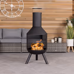 CHARLES BENTLEY Outdoor, Garden, 44.5cm Round Iron And Black Powder Coated Steel Modern Patio Heater, Chimenea, Wood And Char ...