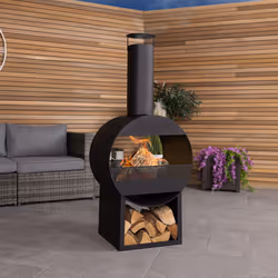 CHARLES BENTLEY 129cm Outdoor, Garden, Patio, Black Powder Coated Steel Modern Patio Heater, Chimenea, Wood And Charcoal Burn ...