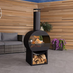 CHARLES BENTLEY 129cm Outdoor, Garden, Patio, Black Powder Coated Steel Modern Patio Heater, Chimenea, Wood And Charcoal Burner, With Poker, Log