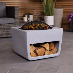 CHARLES BENTLEY Outdoor, Garden, Patio, 50cm Square Magnesia Fire Pit With Mesh Cover, Cooking Grill, Patio Heater, With Poke ...