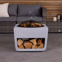 CHARLES BENTLEY Outdoor, Garden, Patio, 50cm Square Magnesia Fire Pit With Mesh Cover, Cooking Grill, Patio Heater, With Poker, Lightweight Modern MGO