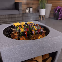 CHARLES BENTLEY Outdoor, Garden, Patio, 50cm Square Magnesia Fire Pit With Mesh Cover, Cooking Grill, Patio Heater, With Poker, Lightweight Modern MGO