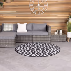 Charles Bentley Diamond Pattern Lightweight Waterproof Indoor/Outdoor/Patio Medium Round Rug Black 150cm