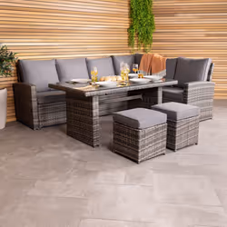 Charles Bentley 6 Seater Multifunctional Casual Rattan Dining Set - Light Grey Max User Weight: 100kg per seat Weatherproof  Removable cushions