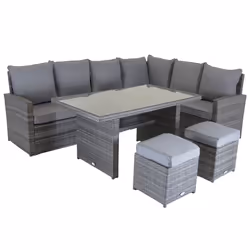 Charles Bentley 6 Seater Multifunctional Casual Rattan Dining Set - Light Grey Max User Weight: 100kg per seat Weatherproof  Removable cushions