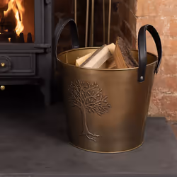 CHARLES BENTLEY Snug Mulberry Small Leather Handle Log Bucket, Metal, Leather, Antique Gold Coloured, Timeless Style, Tree Lo ...