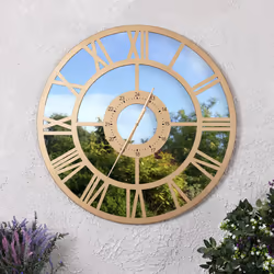 CHARLES BENTLEY Coniston Outdoor And Indoor Mirrored Wall Clock, Gold Coloured Coating, Skeleton Design, Quiet Ticking, Roman Numerals, Giant Open