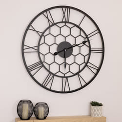 CHARLES BENTLEY Stanwick Outdoor And Indoor Wall Clock, Black Coating, Skeleton Design, Metal, Quiet Ticking, Roman Numerals, Giant Open Face, Analog,