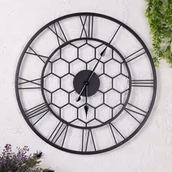 CHARLES BENTLEY Stanwick Outdoor And Indoor Wall Clock, Black Coating, Skeleton Design, Metal, Quiet Ticking, Roman Numerals, Giant Open Face, Analog,