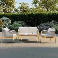 CHARLES BENTLEY 4 Seater Lounge Set, Outdoor, Wood Effect, Rope Weave, Weather Resistant, UV Protected, Light Grey, Brown, Wo ...