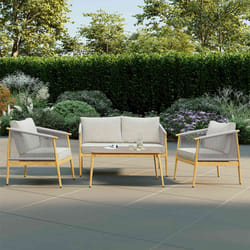 CHARLES BENTLEY 4 Seater Lounge Set, Outdoor, Wood Effect, Rope Weave, Weather Resistant, UV Protected, Light Grey, Brown, Wood Effect Frame, Thick