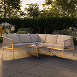 CHARLES BENTLEY 4-5 Seater Corner Sofa Set, Outdoor, Wood Effect, Rope Weave, Weather Resistant, UV Protected, Light Grey, Brown, Wood Effect Frame,
