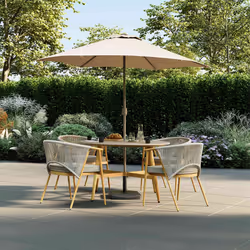 CHARLES BENTLEY 4 Seater Dining Set, Outdoor, Wood Effect, Rope Weave, Dining Set, Weather Resistant, UV Protected, 4 Stackab ...