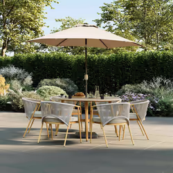 CHARLES BENTLEY 6 Seater Dining Set, Outdoor, Wood Effect, Rope Weave, Dining Set, Weather Resistant, UV Protected, 6 Stackab ...