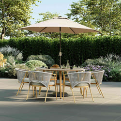 CHARLES BENTLEY 6 Seater Dining Set, Outdoor, Wood Effect, Rope Weave, Dining Set, Weather Resistant, UV Protected, 6 Stackable Chairs, Easy Storage,
