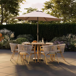 CHARLES BENTLEY 6 Seater Dining Set, Outdoor, Wood Effect, Rope Weave, Dining Set, Weather Resistant, UV Protected, 6 Stackable Chairs, Easy Storage,
