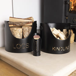 CHARLES BENTLEY Fireplace Set, Snug, Hickory, Fireside Set, Large Wood Bucket, Small Kindling Bucket, Matchstick Holder, Matte, Fireplace Essentials,
