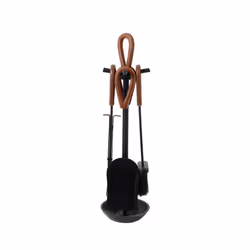 CHARLES BENTLEY Companion Set, Snug, Fig, Fireside Companion Set, Iron Poker, Tongs, Coal Shovel, Natural, Coco Fibre, Brush, Aluminum Handle, Leather