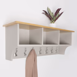 Charnwood Floating Storage Shelf with Metal Hooks and Three Storage Cubbies 15.5 kg Grey