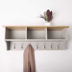 Charnwood Floating Storage Shelf with Metal Hooks and Three Storage Cubbies 15.5 kg Grey