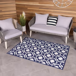 CHARLES BENTLEY Blue Patterned Lightweight Weatherproof Indoor/Outdoor Rug Plastic Garden Lightweight UV Resistant Recycled M ...
