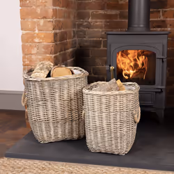 CHARLES BENTLEY Log Baskets, Snug, Set Of Two, Fabric Lined, Wicker Log Baskets, Storage, Handmade, Nesting Rope Handles, Sta ...
