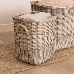 CHARLES BENTLEY Log Baskets, Snug, Set Of Two, Fabric Lined, Wicker Log Baskets, Storage, Handmade, Nesting Rope Handles, Stackable, Practical, Square