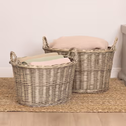 CHARLES BENTLEY Log Basket, Snug, Set Of Two, Oval, Wicker Log Baskets, Storage, Handmade, Nesting Handles, Carry Handles, Stackable, Log Storage,